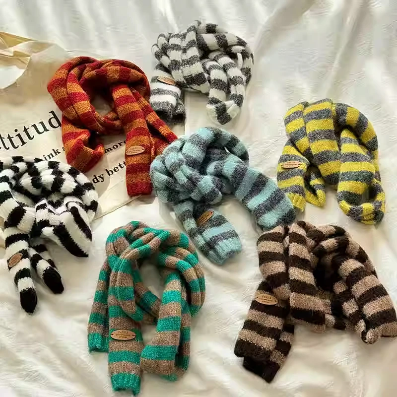 

Корейский длинный шарф в полоску Y2K для женщин и девочек, осенние шарфы, украшение для шеи, вязаный узкий шарф, глушитель, подарок