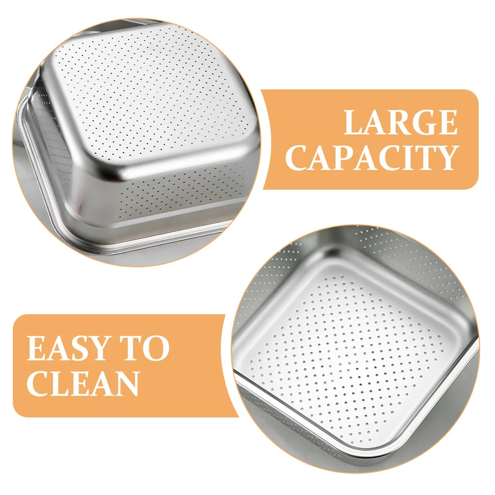 

Thick Stainless Steel Washing Colander Large Capacity Square Drainage Holes Vegetable Fruit Strainer Kitchen Gadget Metal