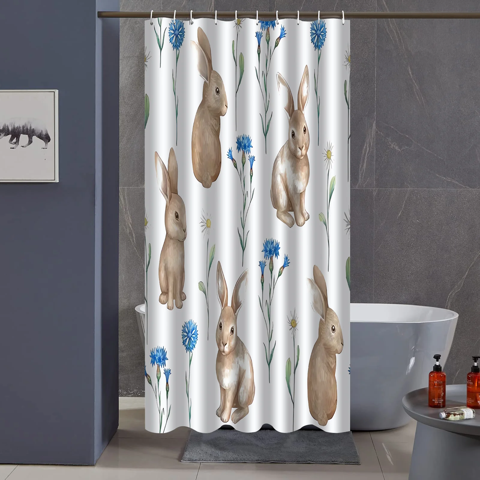 Watercolor Rabbit Shower Curtain Cute Bunny Blue Flower Print Waterproof Bathroom Decor, Farmhouse Animal Lover Home Bath Screen