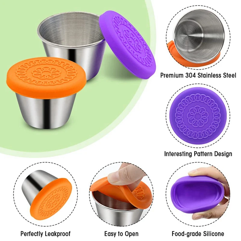 2.4Oz Small Condiment Containers, Salad Dressing Container, Stainless Steel Sauce Container With Silicone Lids