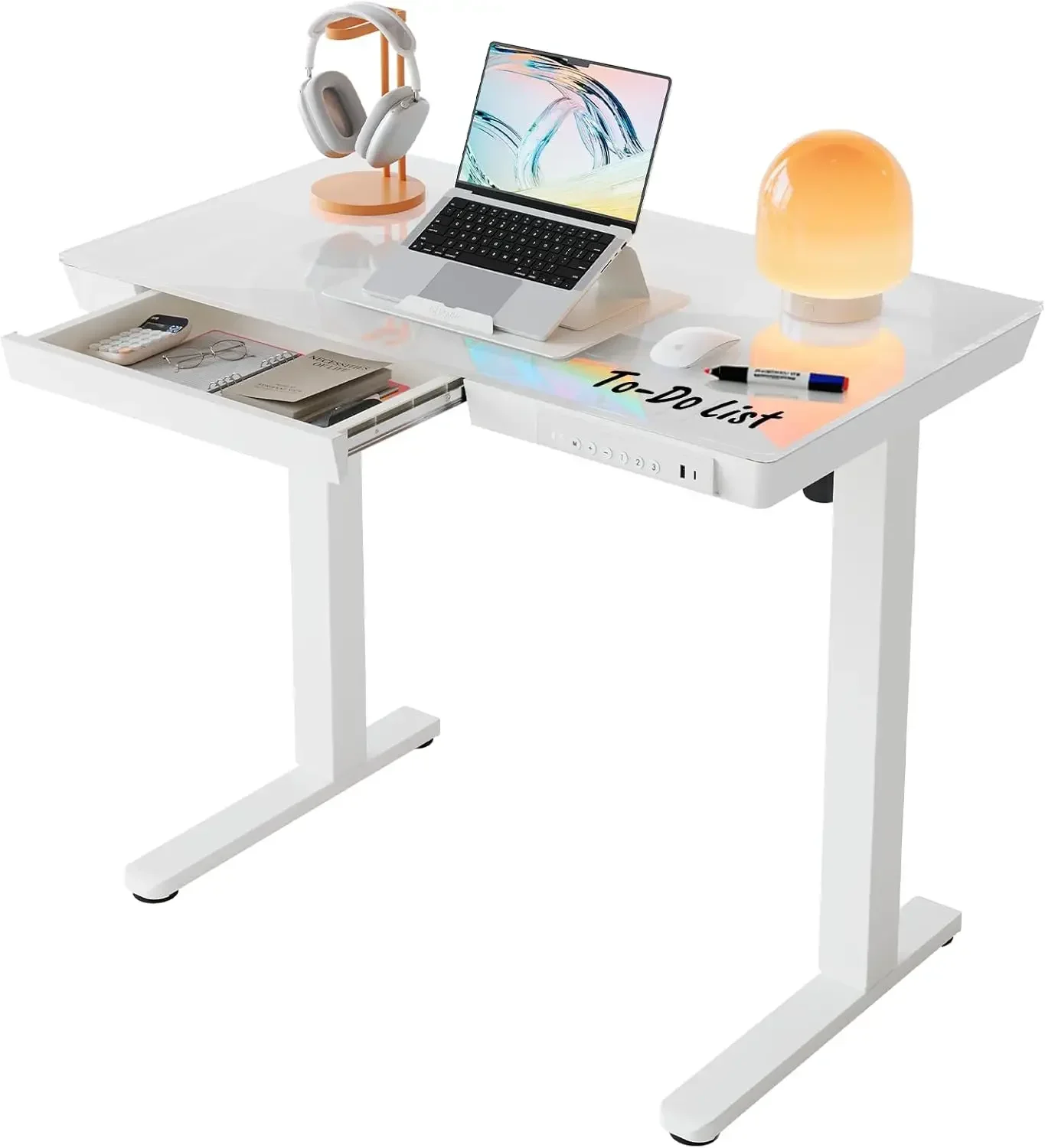 Electric Adjustable Height Glass Standing Desk With Drawers Usb Charging Ports Quick Install One Piece Tabletop White