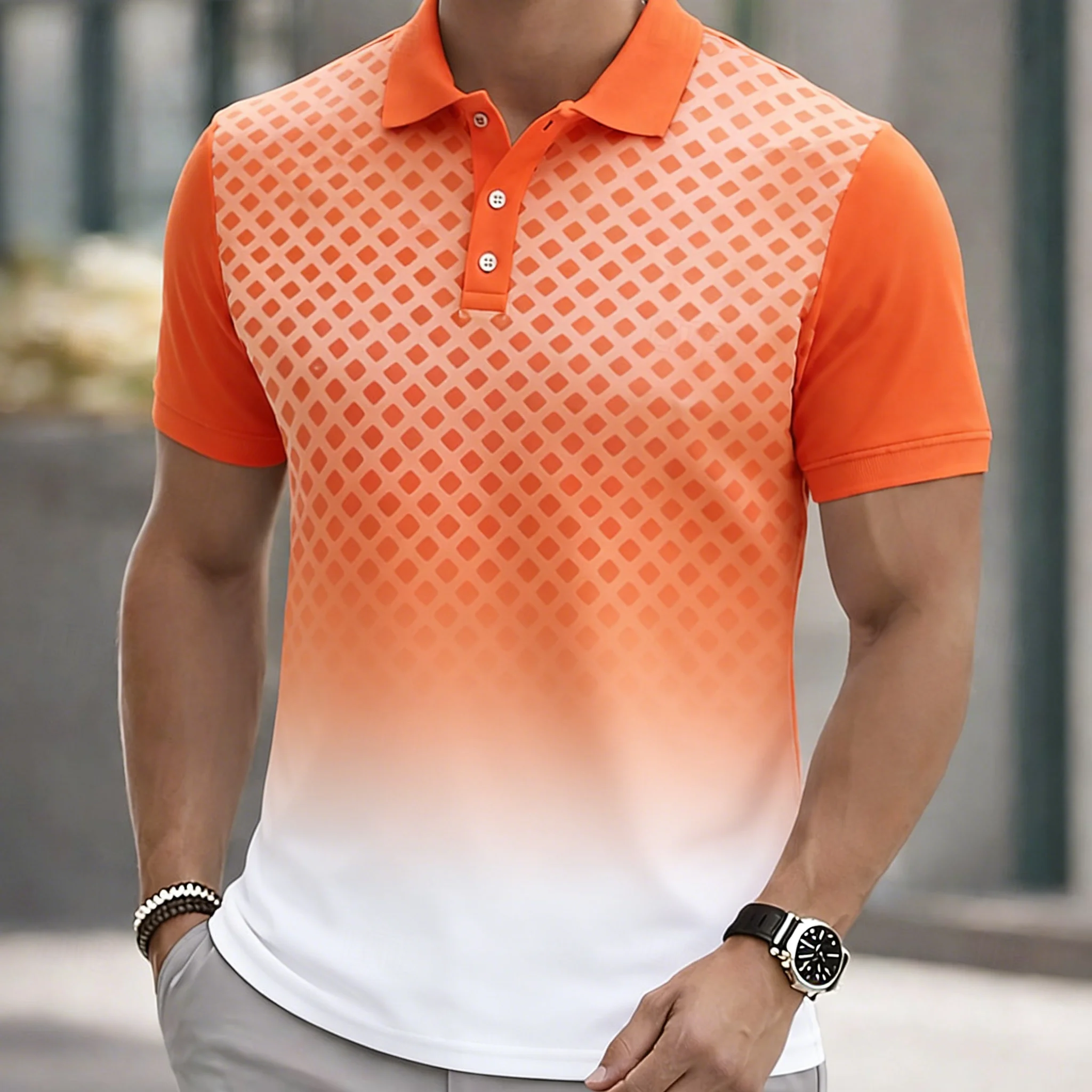 Modern Diamond Grid Polo Shirt Men Gradient Halftone Graphic Short Sleeve Tops Summer Fit Casual Male Polo New Men Clothing
