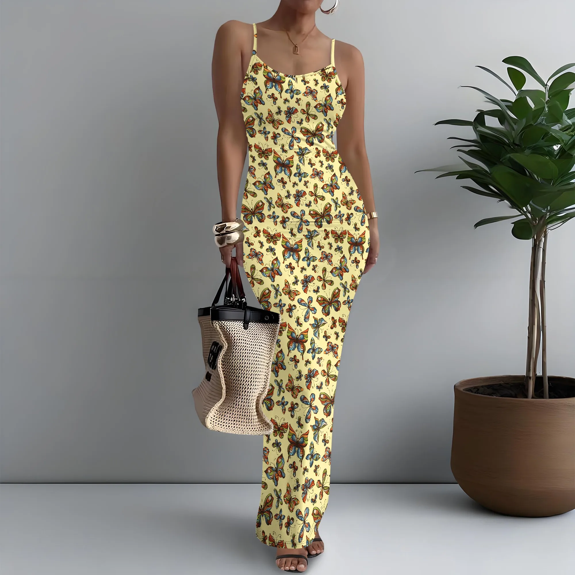 

Women's Spaghetti Strap Maxi Dress Edgy Cute Butterfly Print Lounge XS-3XL