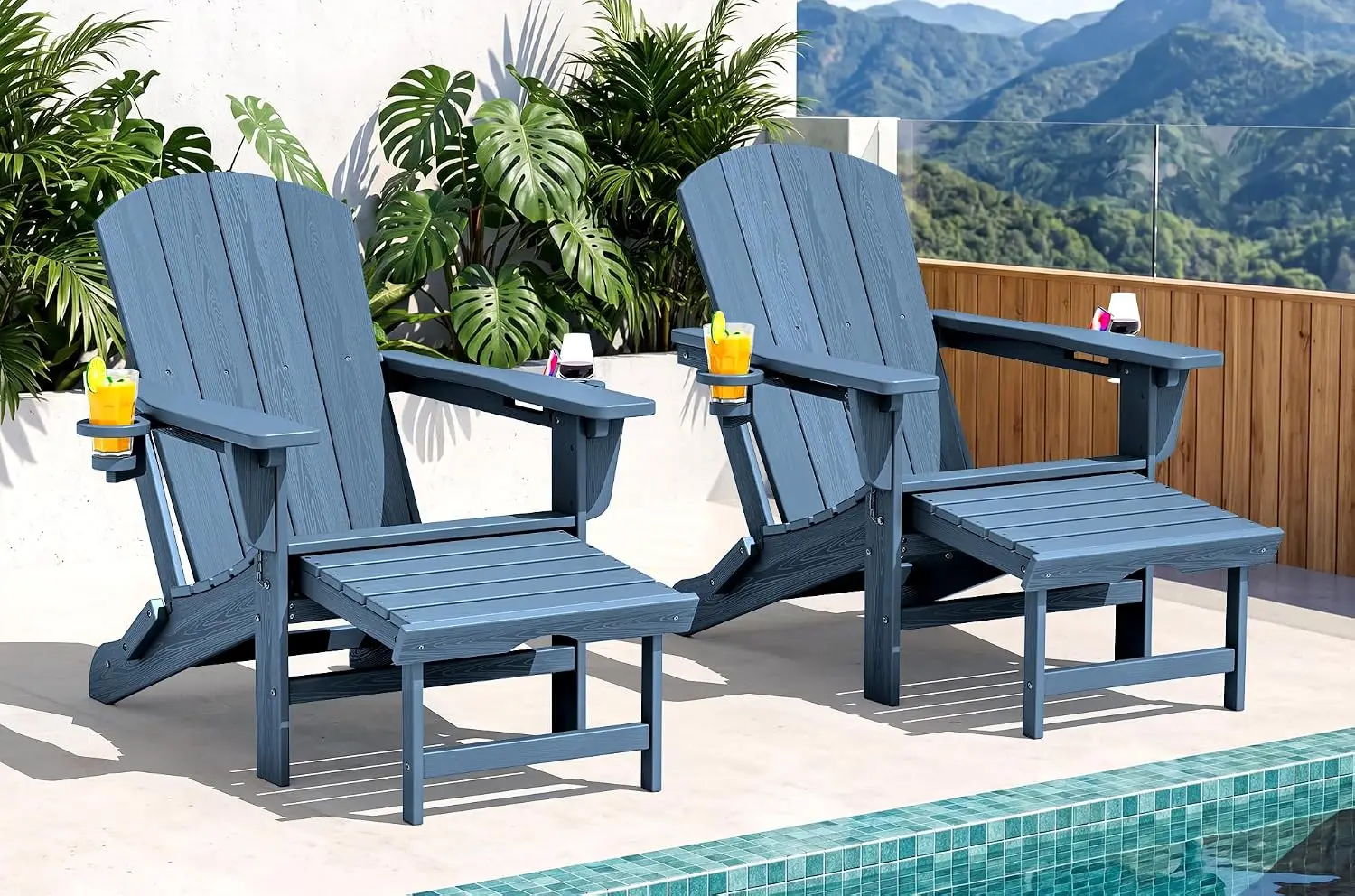 Outdoor Reclining Adirondack Chair with 2 Cup Holders, All Weather Adirondack Recliner with Ottoman for Patio, Poolside