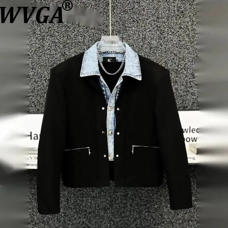 WVGA Spring Autumn Men High-end Heavy-duty Patchwork Denim Blazer Short Style Stylish Niche Casual Faux Two Pieces Jacket W24050