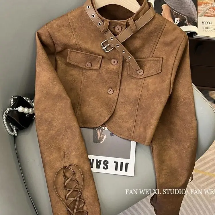 

Bomber Jacket Female Motorcycle Leather Korean Coat Autumn New American Spicy Girl Versatile Short Top Streetwear Brown Grey