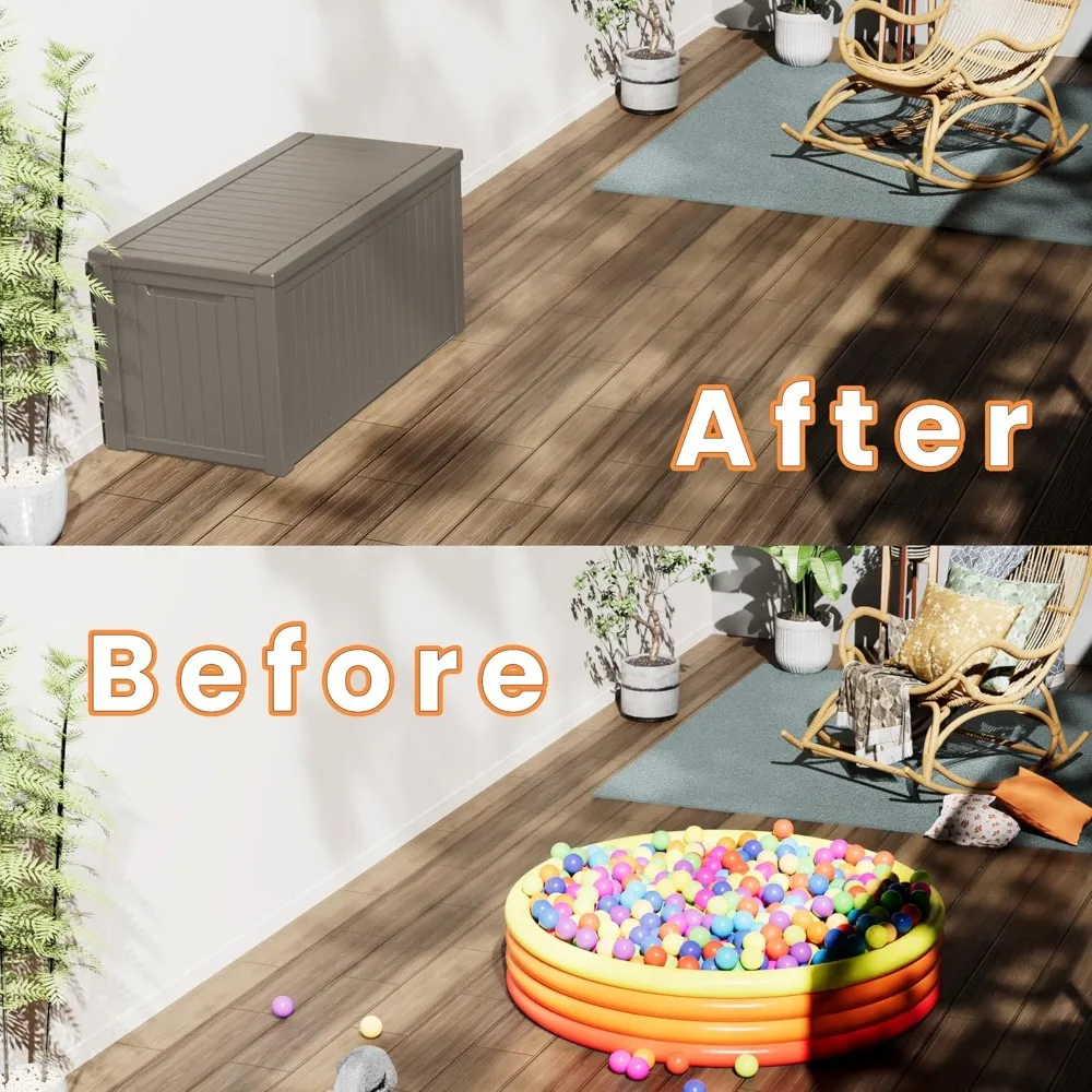 Wodoodporny, zamknięty pojemnik do przechowywania na zewnątrz z żywicy, duży schowek na taras, pojemnik na akcesoria basenowe, meble i poduszki.