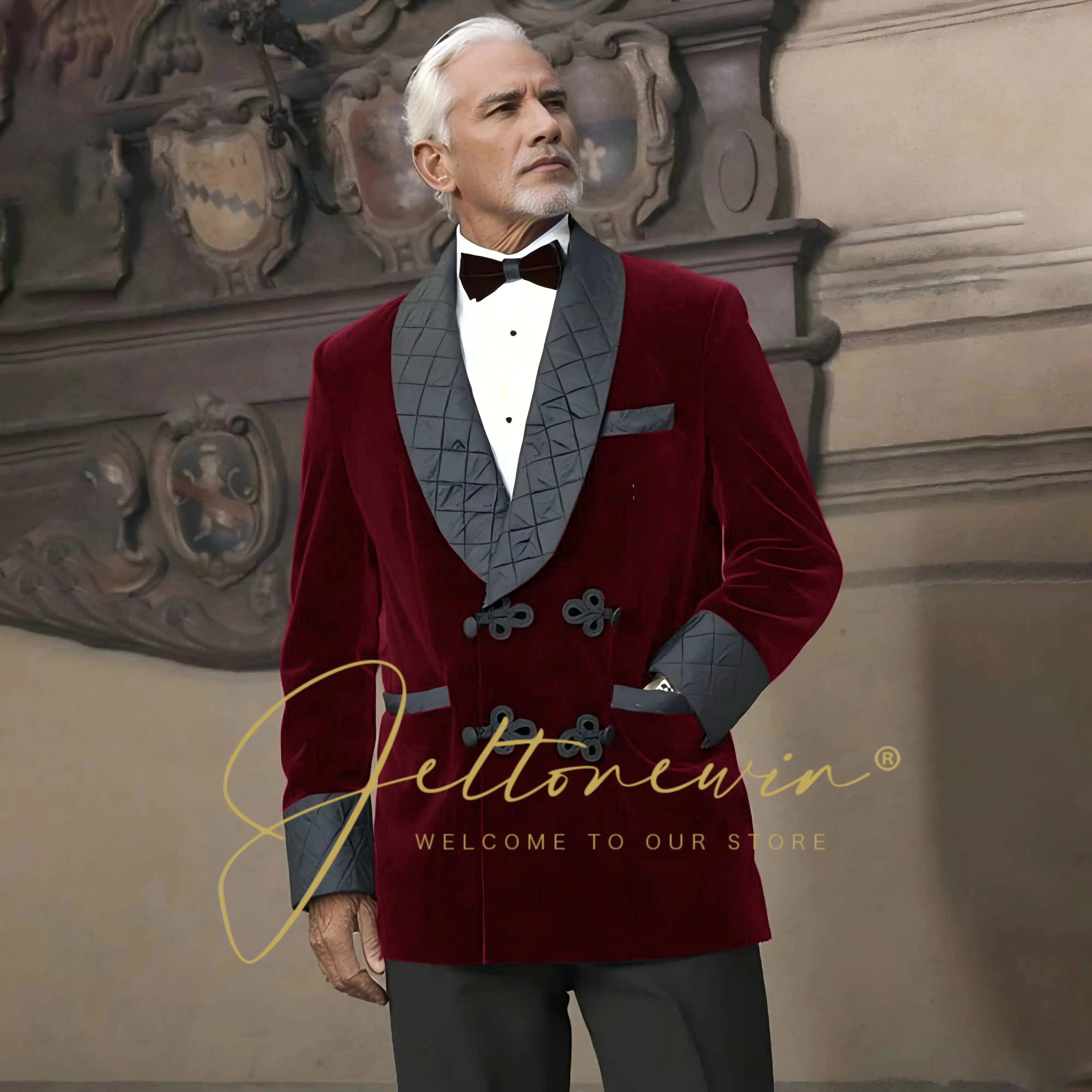 

Double Breasted Formal Wedding Dinner Blazer Burgundy Velvet Prom Men Suits Shawl Lapel Custom Male Clothing Fashion Coat Pants