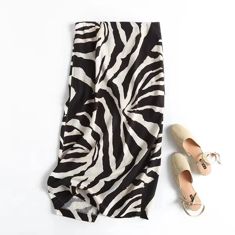 Imagem -02 - Donegirl-saia Feminina com Estampa Zebra de Cintura Alta Saia Midi de Linho Irregular Moda Feminina Chique Primavera e Verão Novidade 2023