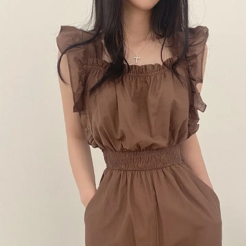 Korean Commute 2024 Summer Women's Pants Solid Color Patchwork Elastic Shirring Ruffles Square Neck Short Sleeve Slim Jumpsuits