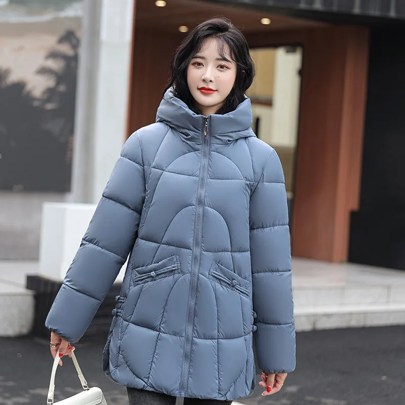 Vestes d'hiver rembourrées en coton pour femme, Parkas à capuche, mi-long, ample, brillant, solide, manteau en coton, vêtements d'extérieur, nouvelle collection 2025