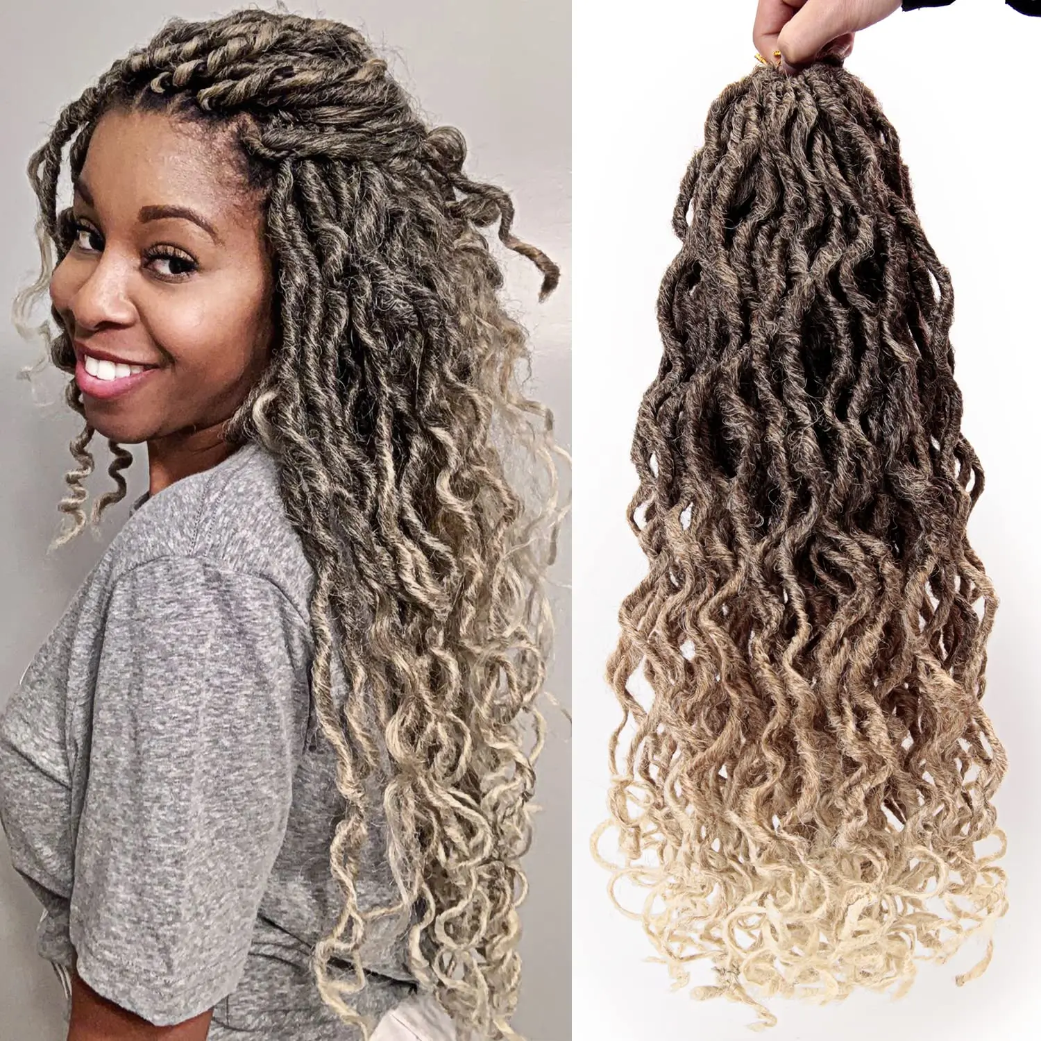 Sambraid  Goddess Locs Crochet Braids Ombre Wavy Faux Locs Crochet Hair Curly Ends Dreadlocks Synthetic Braiding Hair Extensions