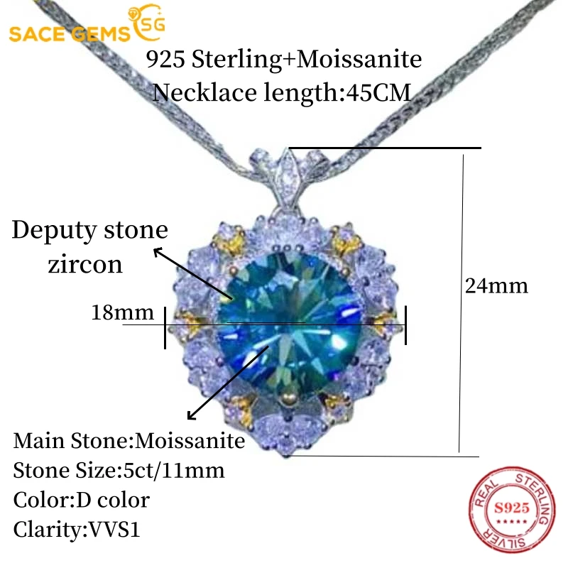قلادة من أحجار كريمة SACE-Moissanite للنساء ، فضة إسترليني ، شهادات مجوهرات راقية ، 5 قيراط ، VVS1 ، لون D ، زفاف ، موضة