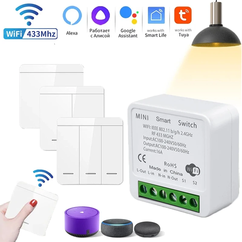 Tuya Smart WiFi Switch RF 433MHz Wireless Remote Control Smart Life APP Works With Alexa Google Home Alice For LED Lighting