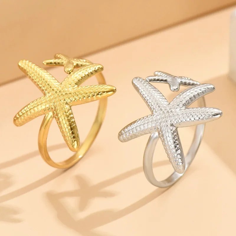 Retro Silver Color Irregular Starfish Stainless Steel Ring Boho 18K Gold Plated Opening Adjustable Rings for Women Jewelry Gift