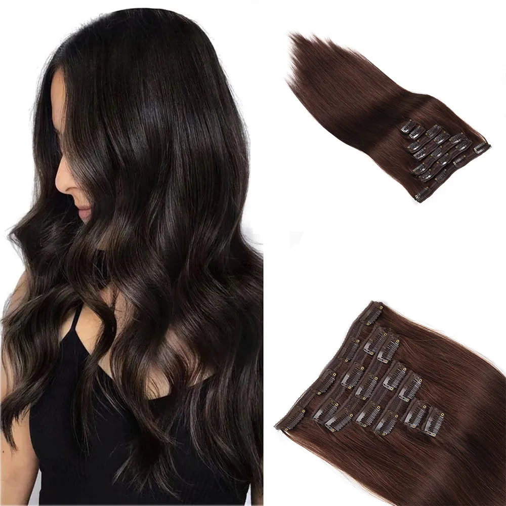 Straight Lace Side Clip In Hair Extensions Human Hair Real Remy Hair Dark Brown Color Full Head Balayage Bralizian Hair  7Pcs