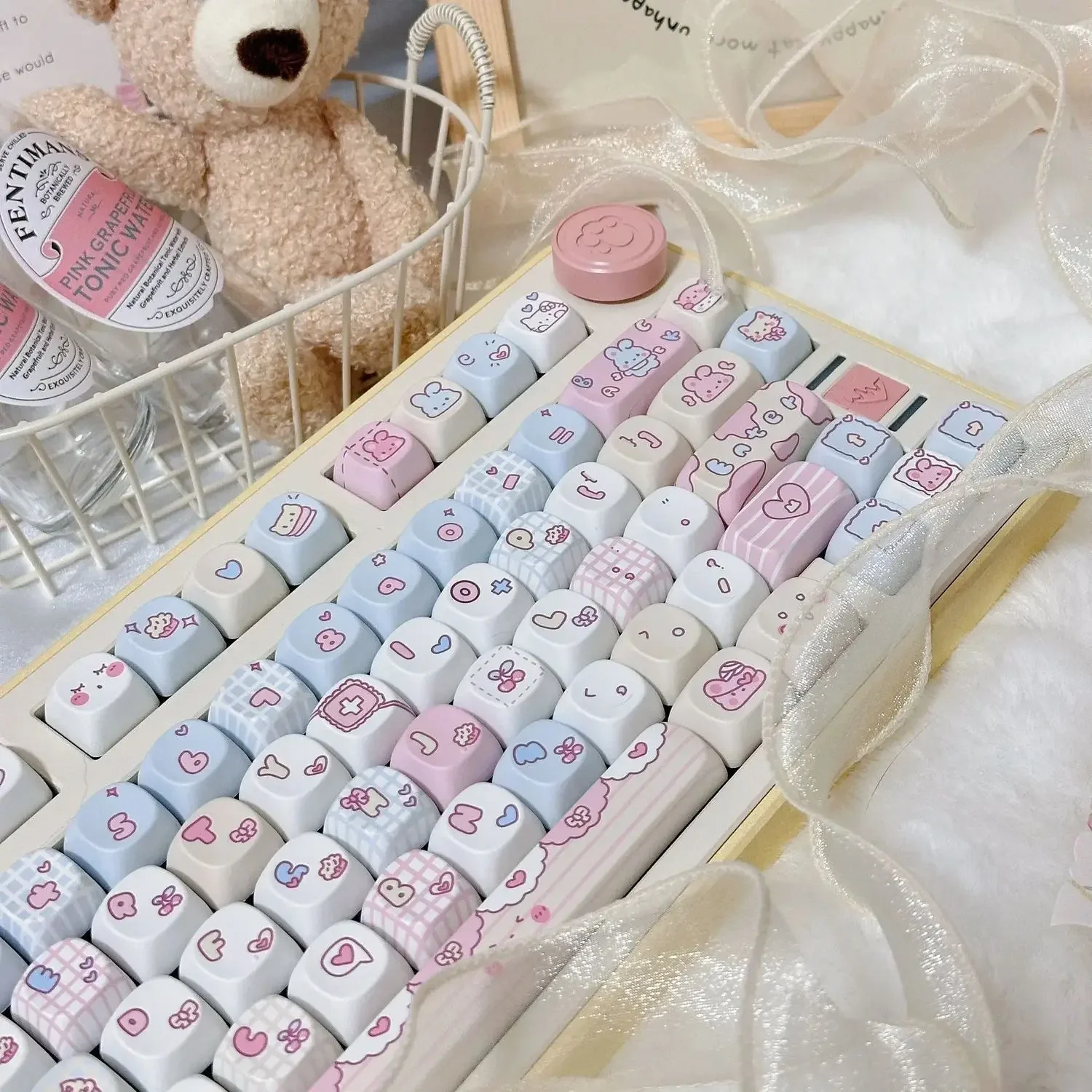 Pink Blue Rabbit Keycap ROA Height PBT Material Sublimation Cartoon Cute Girl Cross Keycap