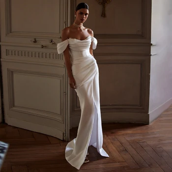 Meerjungfrau Brautkleid von der Schulter V-Ausschnitt Kreuz Trompete Brautkleider für Frauen 2024 Braut Falten Applikation Brautkleid