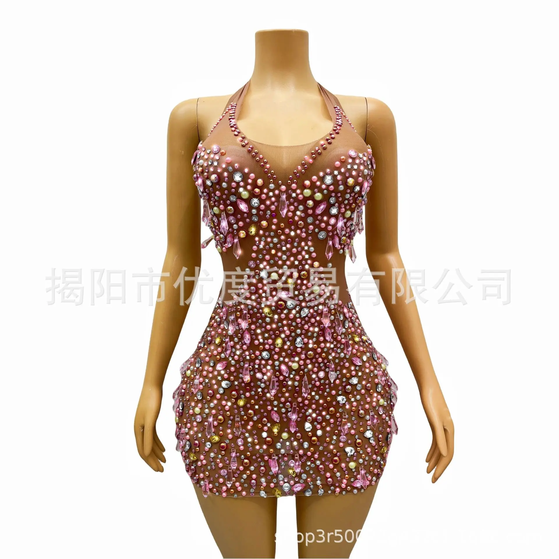 الحلو والتوابل نمط Halterneck عارية الذراعين اللؤلؤ قلادة حجر الراين بار مساء الأداء غاسل تنورة فستان حفلة التخرج