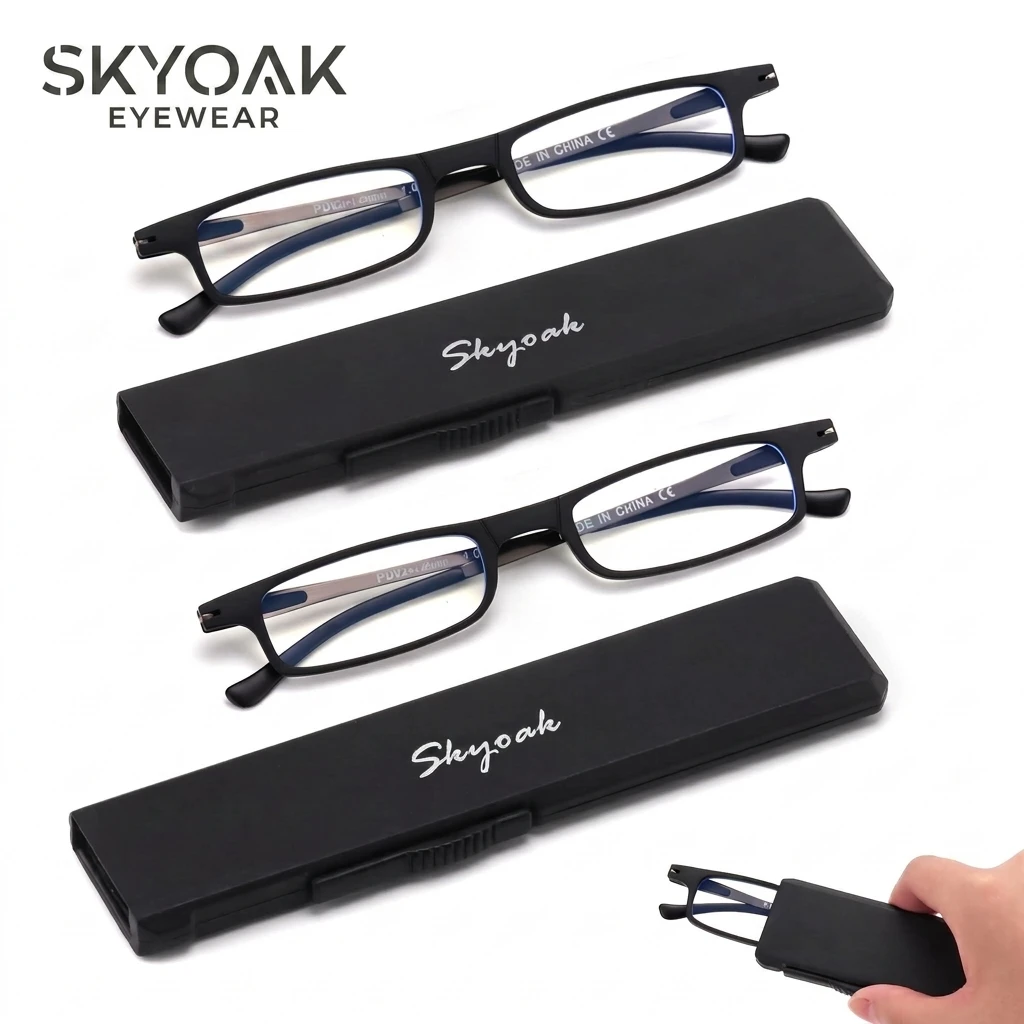 SKYOAK 2 Pack Ultra Thin Lightweight Folding Reading Glasses Women Men, TR90 Blue Light Blocking Readers with Slim Flat Case Set