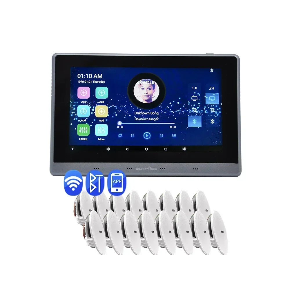 Multi Zone 8 CH Touch Screen WiFi Blue-tooth Smart Home Music System Theater Wall Amplifier with 16 Woofer Ceiling Speaker