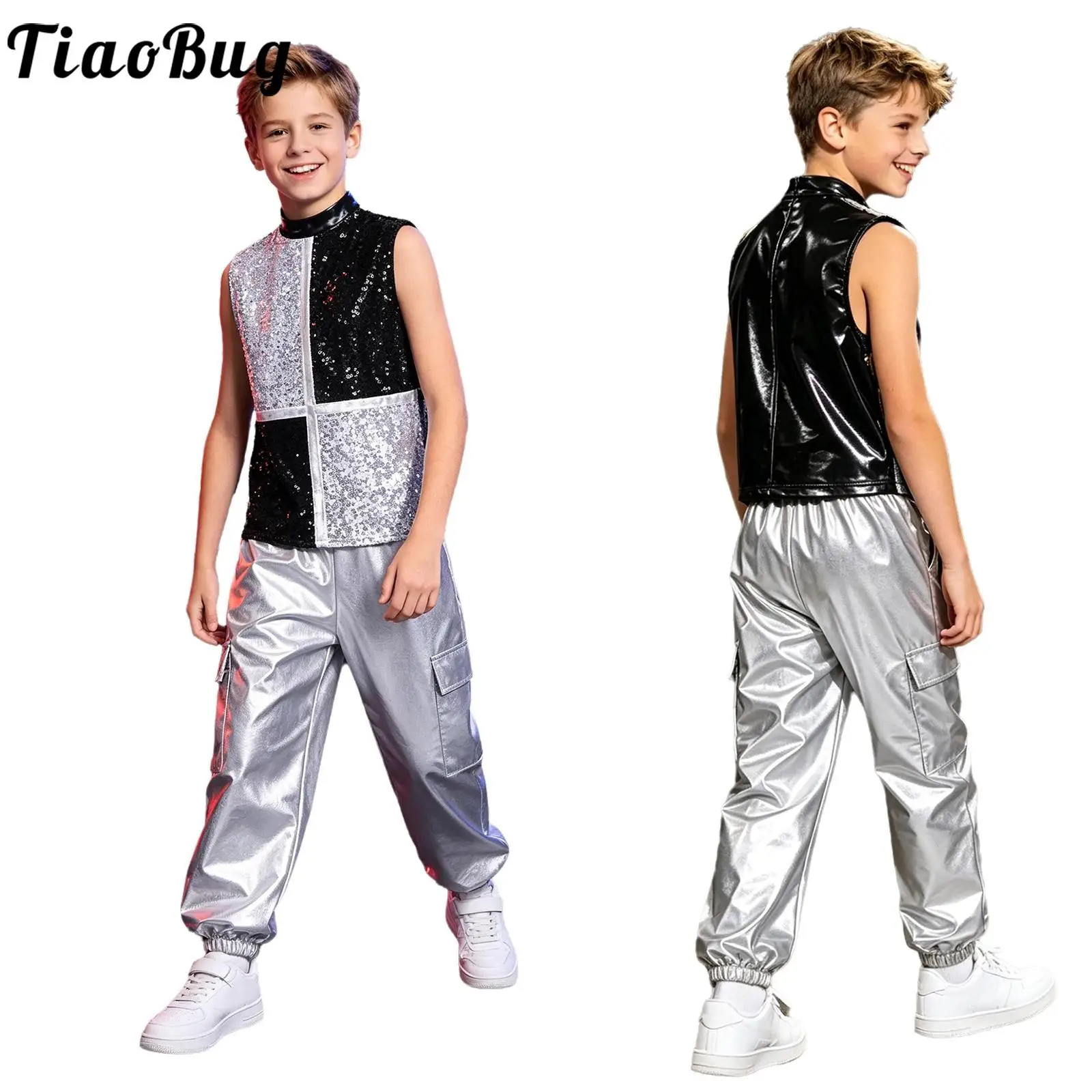 Kids Boys Metallic Jazz Hip Hop Dance Costume Sleeveless Color Block Shiny Sequins Top with Cargo Pants Disco Party Dancewear
