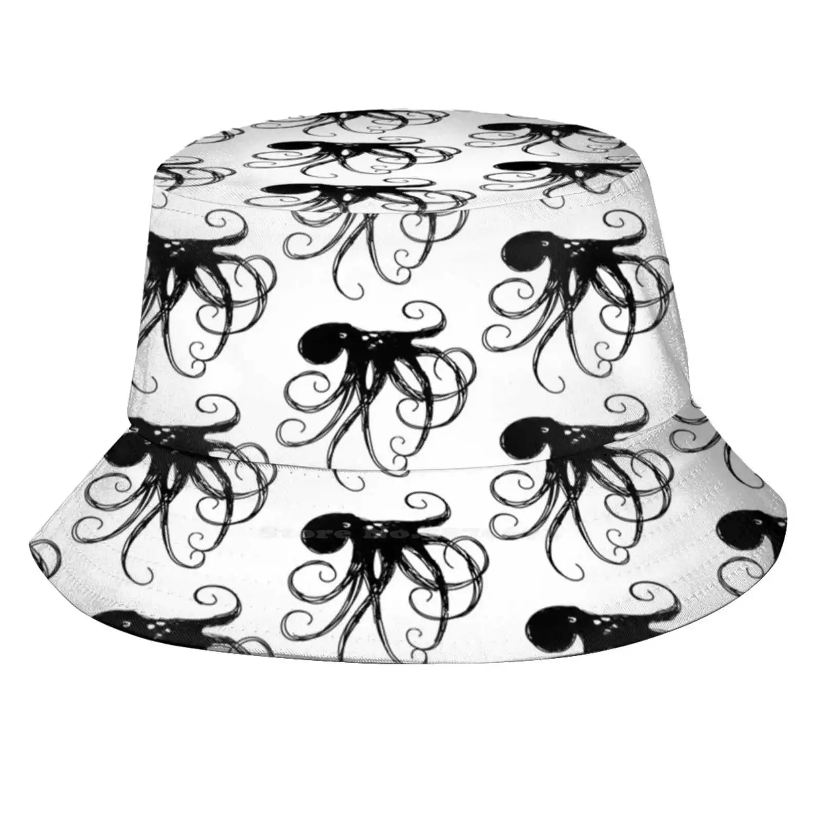 Octopus Flat Top Breathable Bucket Hats Halidoodle Hali Vanderburg Octopus Tattoo Black Sketch