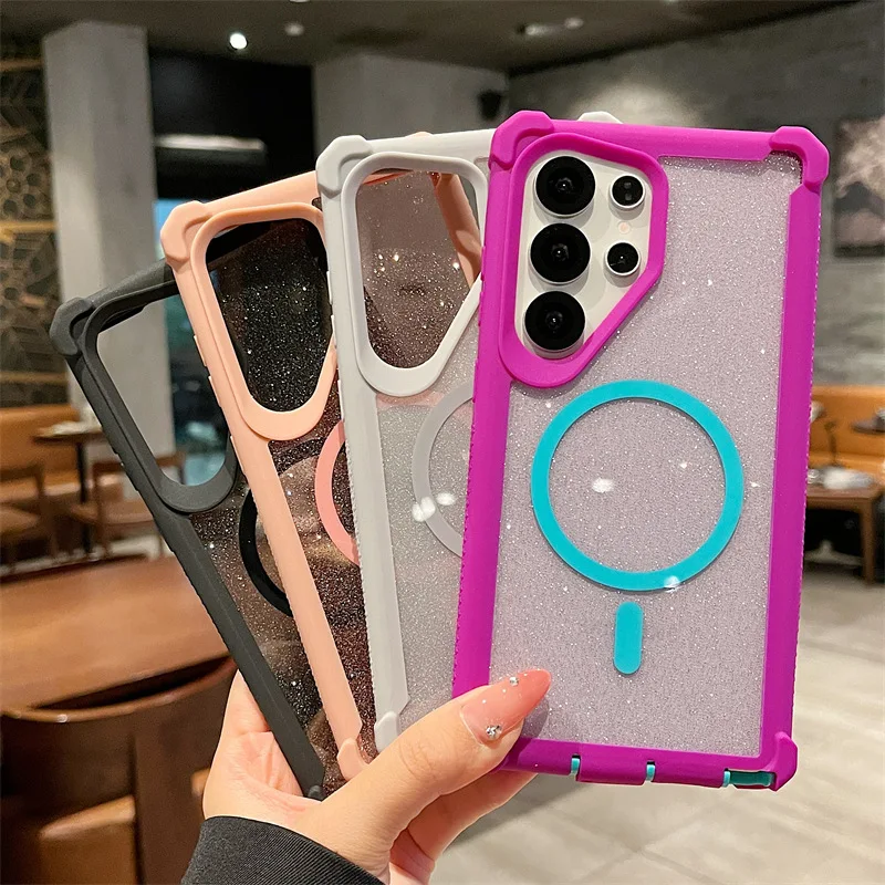 For Samsung Galaxy S25 S24 Ultra Glitter Cover With Wireless Charging for Samsung S26 ultra Transparent Sparkle Case