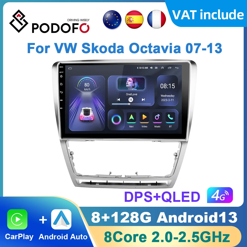 Podofo AI Voice Carplay Car Radio For Volkswagen Skoda Octavia 07-13 Android Auto 4G Multimedia GPS 2Din autoradio DSP