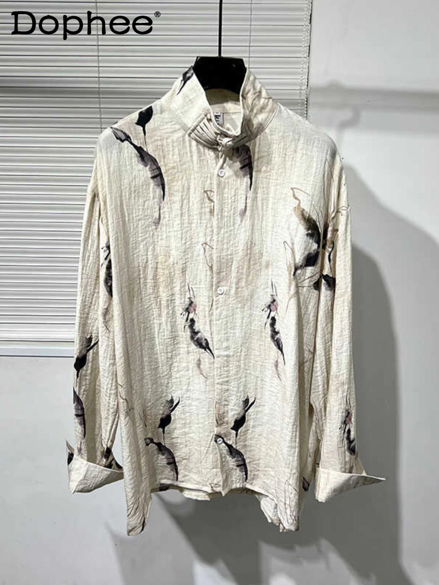 2024 Chinese-Style Shirts Loose Comfort Printing Long Sleeve Shirt Retro Cotton Linen Shirts Single Row Multi-Buckle Shirt