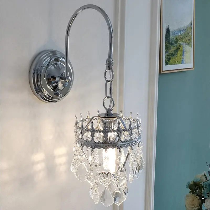 Vintage Crown Crystal Wall Lamp Chrome Finish Hanging Crystal Wall Light Indoor Bedside Corridor Decorative Wall Sconce Lighting
