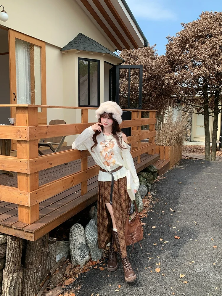 Shoulder Bared Knitted Top Women's Loose Fit Long Sleeve T-Shirt  Print Autumnwear Soft Polyester Fabric Outdoor Style