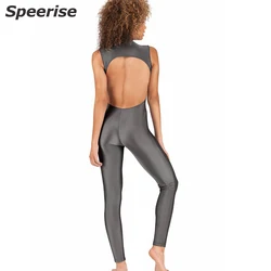 Speersie Women Mock Neck One Piece Yoga Suit Backless Ballet Spandex Unitard Gymnastics Suit Sleeveless Bodysuit Gym Naked-feel