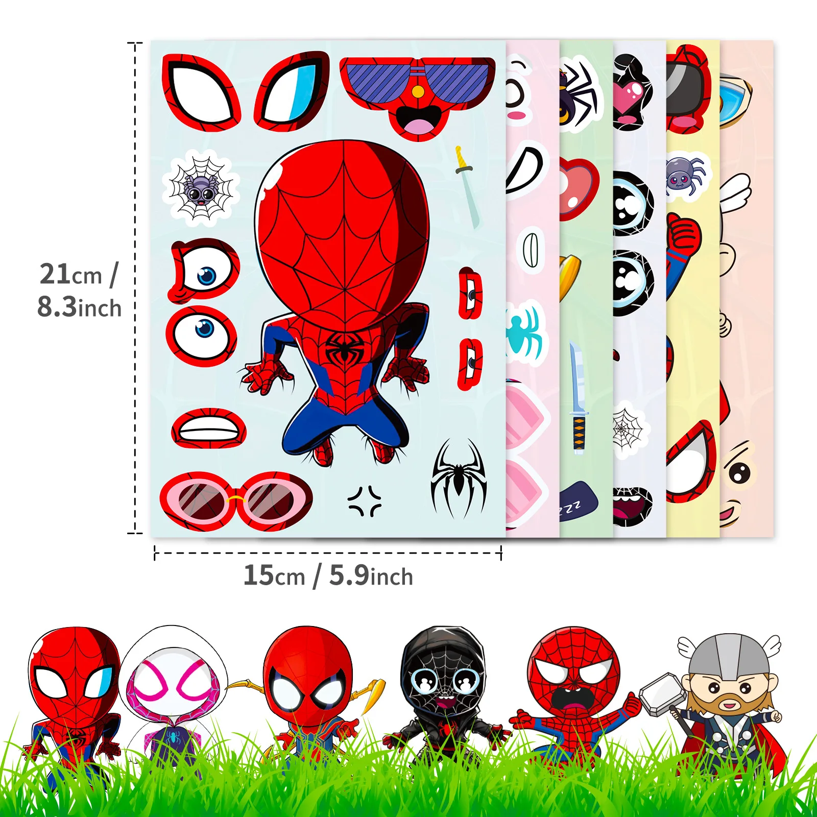 6/12 시트 어벤저 스 슈퍼 영웅 스파이더 맨 얼굴 만들기 퍼즐 스티커 어린이 DIY 어린이 고정 스티커 만들기