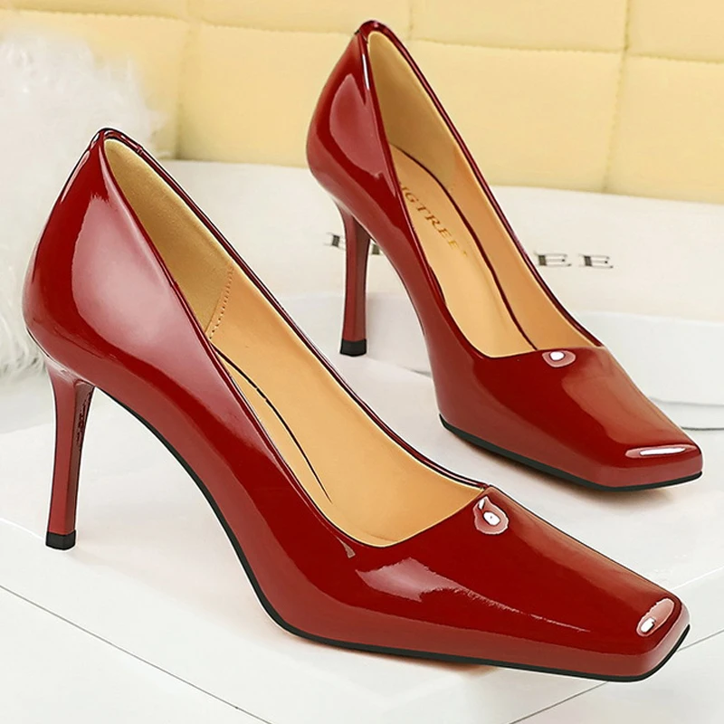 BIGTREE Shoes Square Toe Women Pumps Patent Leather High Heels Stilettos Career Office Shoes Sexy Party Shoes Women Heels 8.5cm