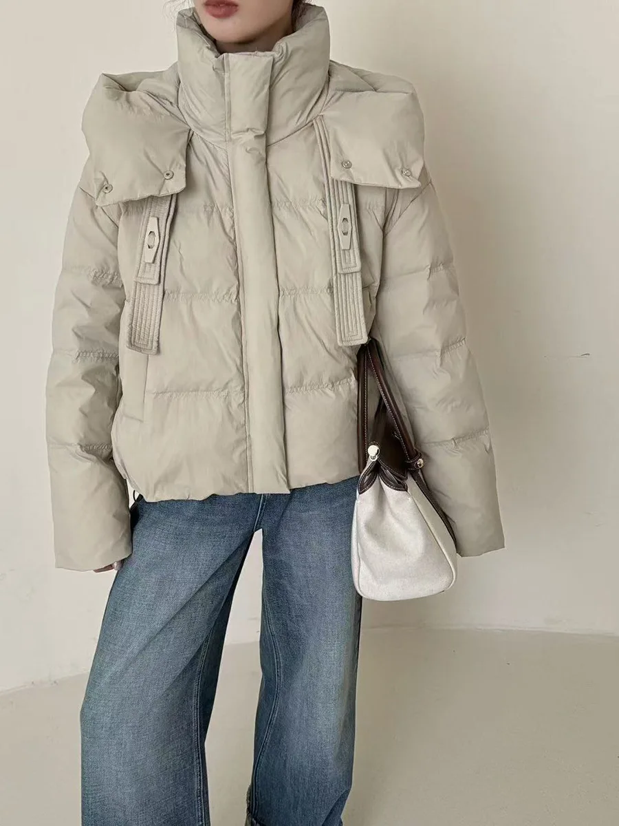 เสื้อแจ็คเก็ตแฟชั่นมีฮู้ดสำหรับผู้หญิง สีแดง ซิปสั้น บุด้วยขนเป็ดขาว เสื้อโค้ทกันหนาวหนา อุ่น น้ำหนักเบา ผ้าฝ้าย