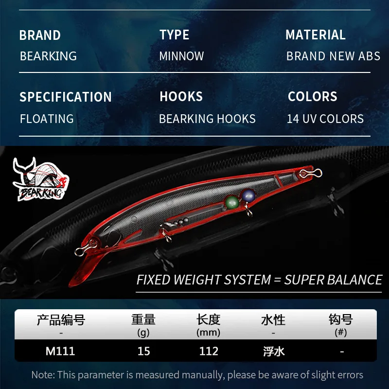 Bearking M111 Perfect Action Fishing Lures,110mm/15g, 11cm 15g Dive 1.5m Sp Minnow 12 Different Colorful Color