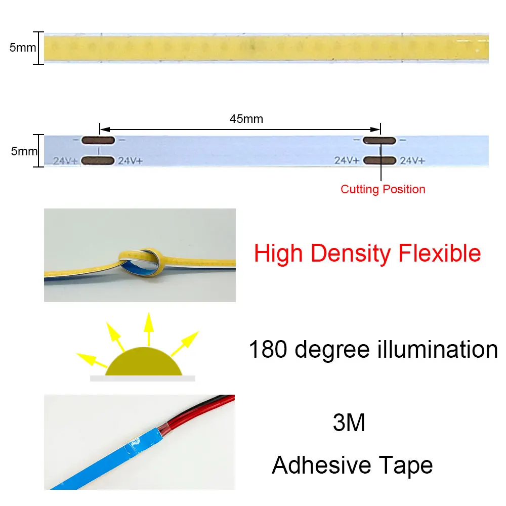 5mm COB LED Strip 12V/24V 384LEDs/M High Density Flexible FOB Light Bar Warm Cold White 3000K 4000K 6000K for Decor Lighting