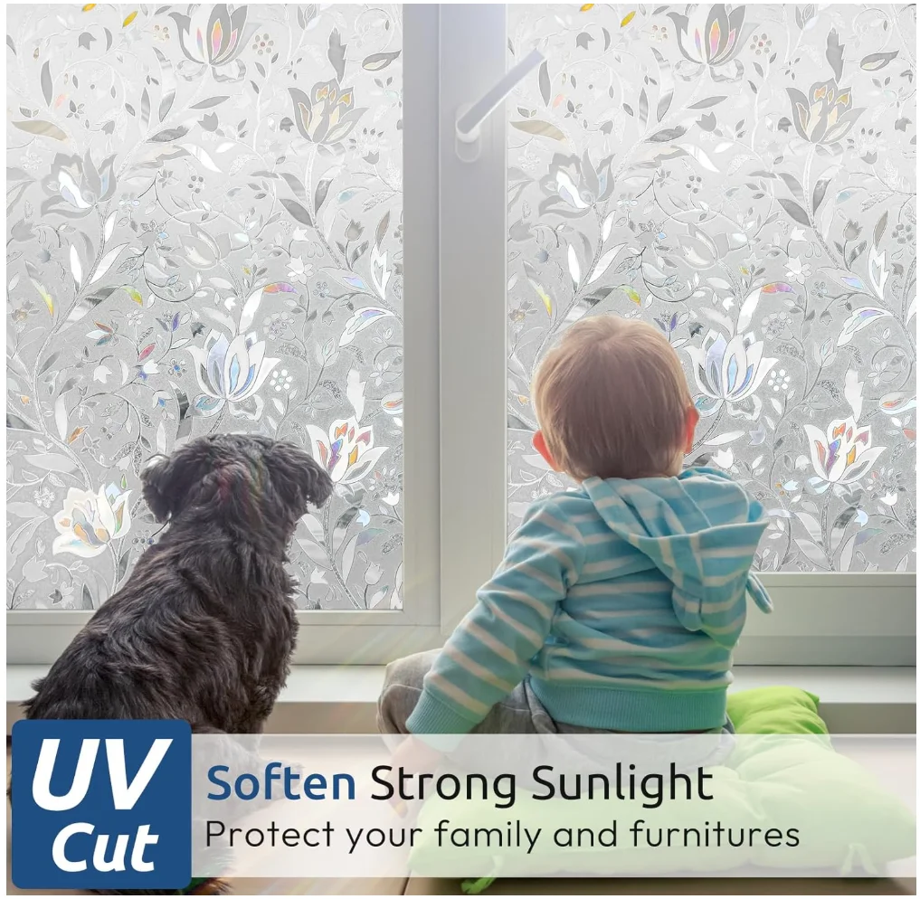 Fenster-Sichtschutzfolie, Dekorative Buntglas-Fensterfolie, Sonnenschutz-Glasfolie, Mieterfreundliche Statische Haftfolie mit Milchglas-Effekt