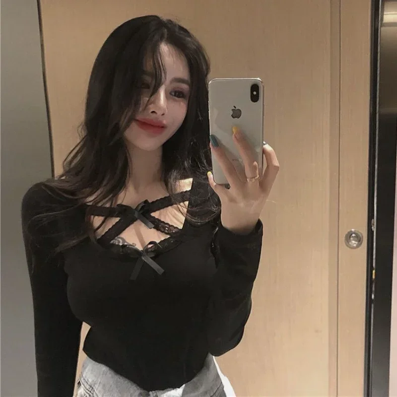 Sexy Bow Ribbon T Shirt Women Lace Cross Slim Long Sleeve Solid Tees Spring Summer O Neck Retro Korean Female Bottoming Top