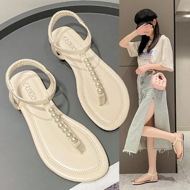 

Summer Women Sandals Fashion Sandalias String Bead Flat Heels Buckle Strap Pearl Women's Shoes Casual Black Pink Modern Sandals