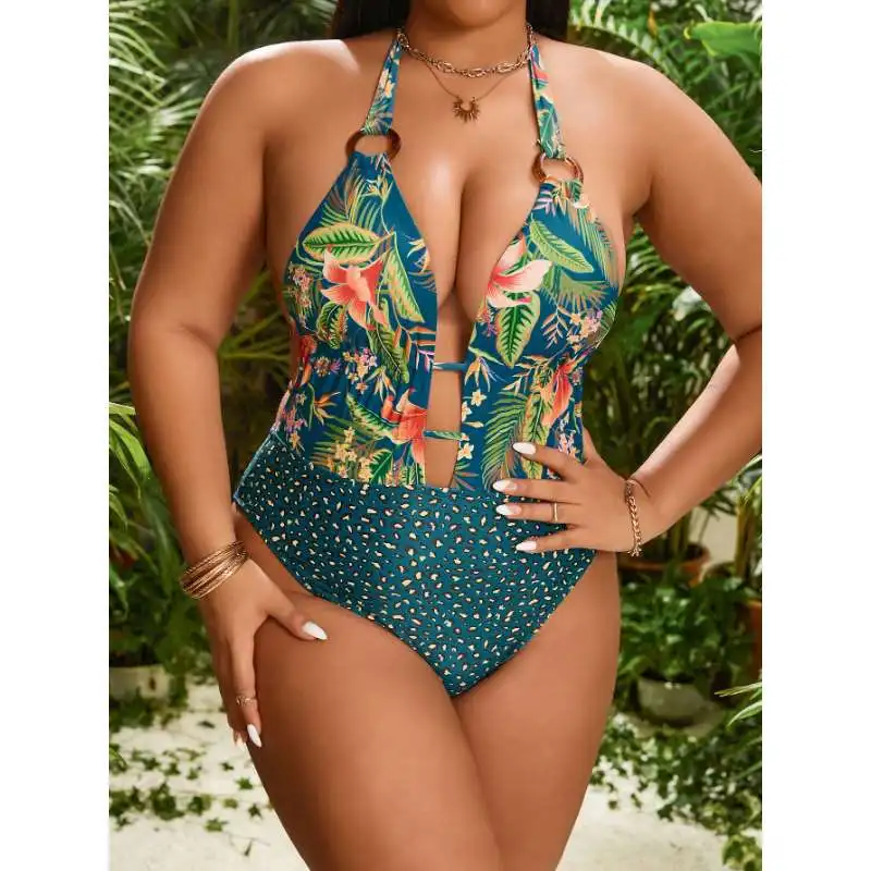2026 New Plus Size One Piece Swimsuit Halter Deep V Cutout Tropical Floral Print Bathing Suit Swimwear for Brazil Beach Vacation