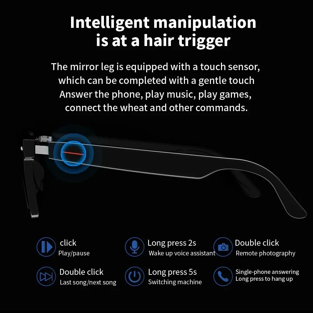 Camera Smart Glasses Blue Light Filtering Polarized Sunglass Lenses  Audio Built-in Mic & Speakers Touch & Voice Assistant Music