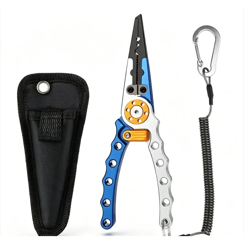 Aluminum Fishing Tackle Pliers, Multi-purpose Hook Remover Line Cutter, Outdoor Angling Pliers with Anti-lost Coiled Lanyard