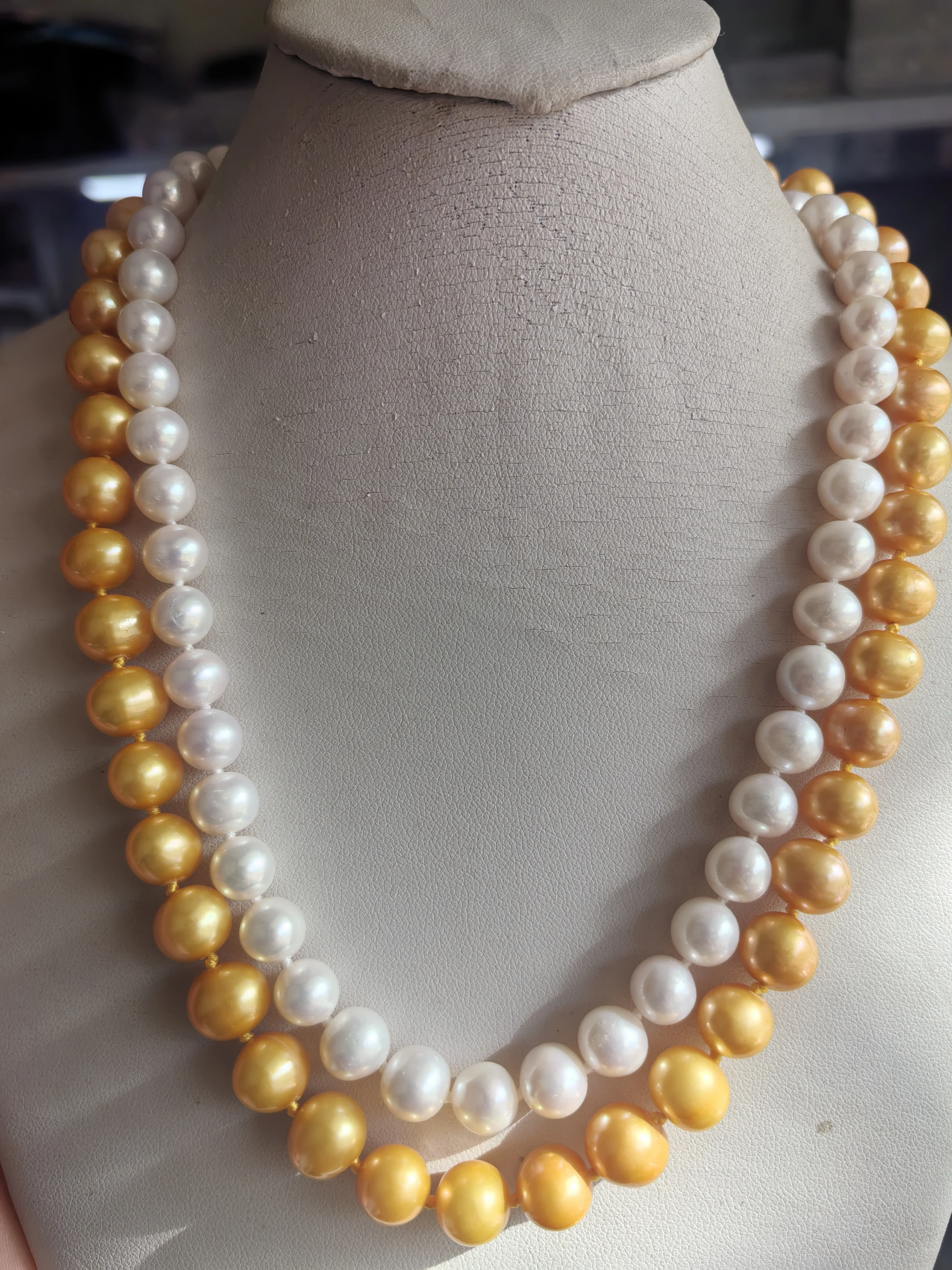 2 rows AAA+7-8mm 9-10mm Natural seawater akoya white gold round Pearl Necklace 925s 18inch