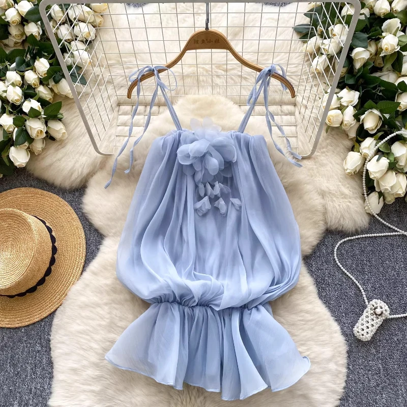 

Женская летняя блузка-жилет из шифона с 3D цветочным узором, в стиле ретро, с тонкими бретелями, французский крой, приталенная, элегантная, модная, шикарная, для отпуска