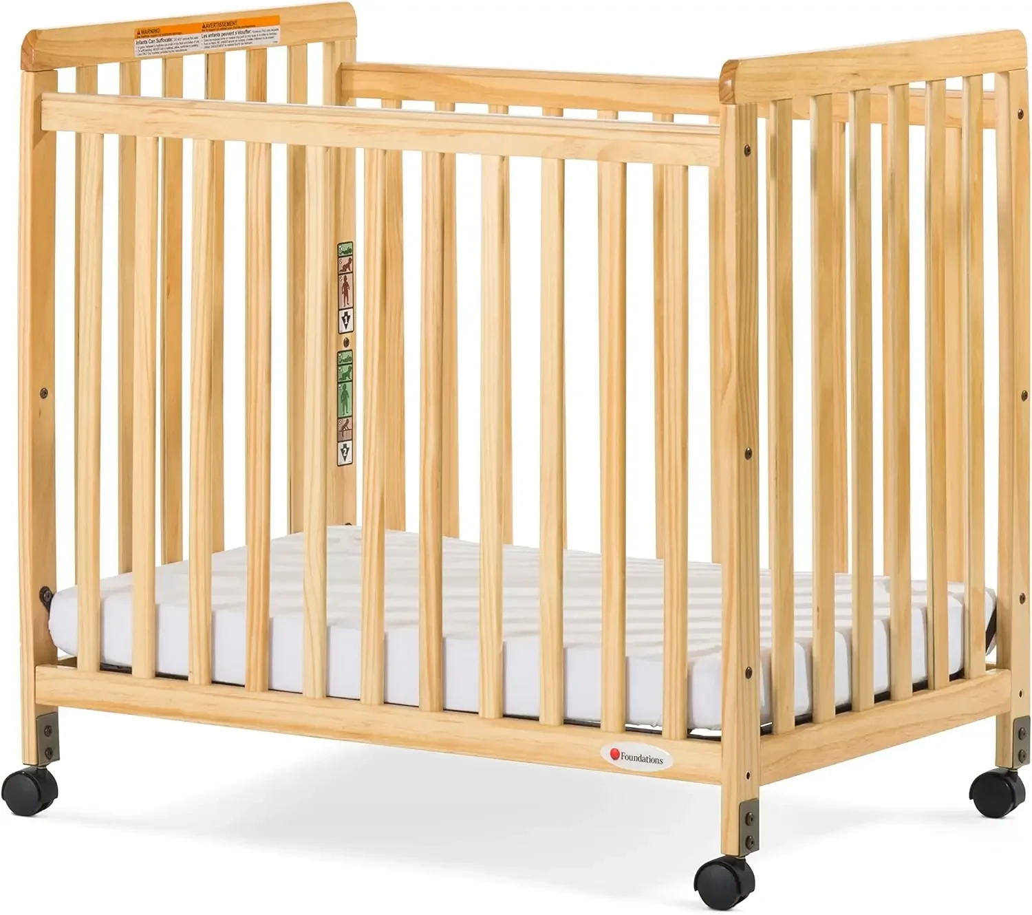 Foundations SafetyCraft Compact Slatted Daycare Crib, Durable Wood Construction, Non-Marking Casters (2 Locking), Includes 3”