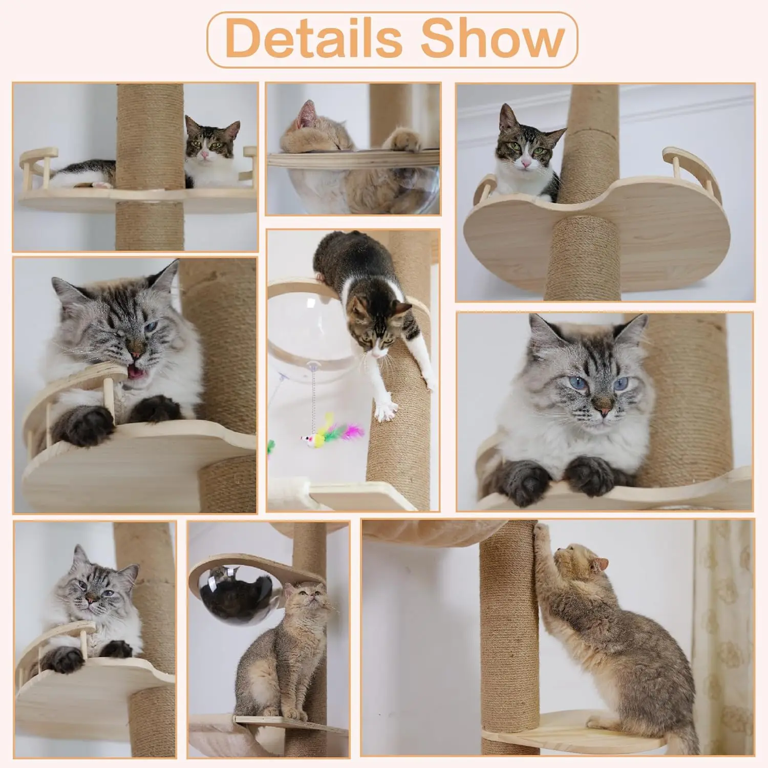 Floor Standing Cat Tree Height (50-120 Inch) Adjustable Cat Tower 5 Tier Hemp Scratching Post Tall Cat Tree Sturdy