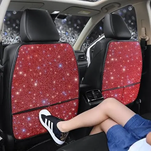 

Luxury Rhinestone Car Seat Protectors with Pockets – PU Leather Kick Mats for SUV, Universal Fit for Girls, Red 2pcs
