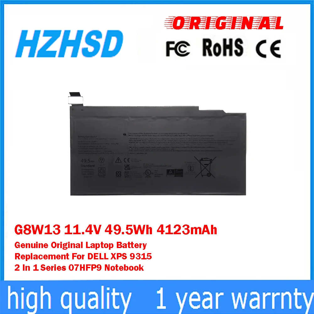 

G8W13 11.4V 49.5Wh 4123mAh Genuine Original Laptop Battery Replacement For DELL XPS 9315 2 In 1 Series 07HFP9 Notebook